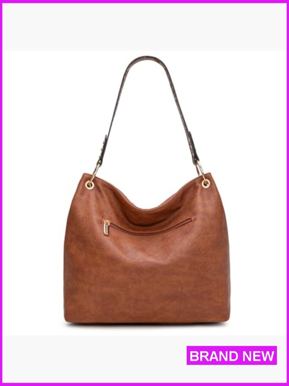 Faux Leather Hobo Bag with Back Pocket Spacious Shoulder Tote Zipper Closure - Picture 5 of 7